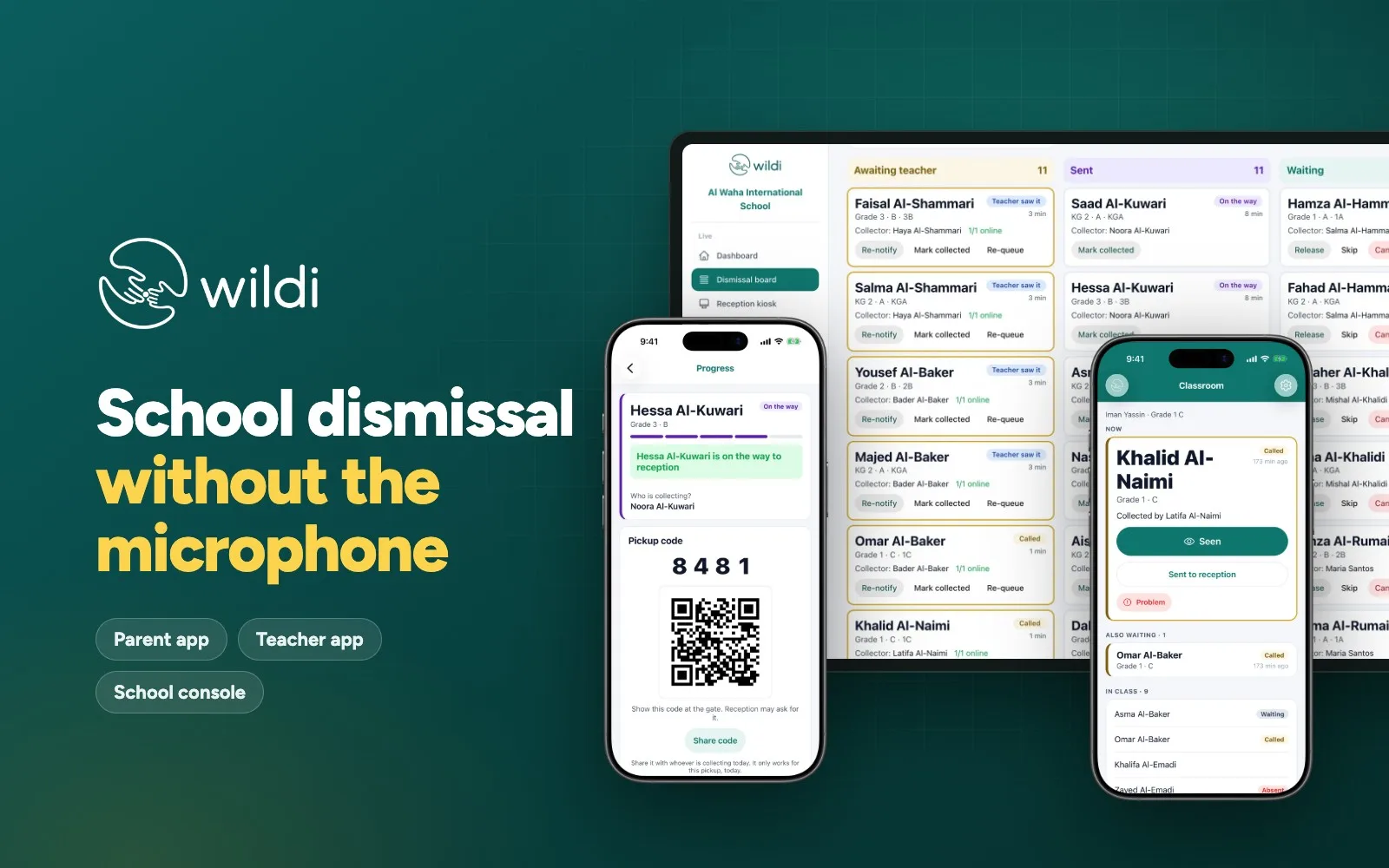 Wildi parent app and school dismissal board on a phone and a laptop.